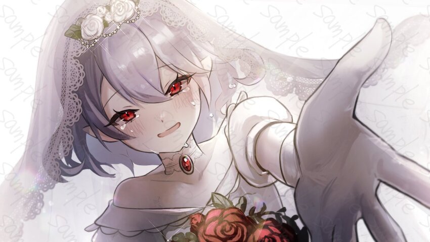 1girl blue_hair bouquet bridal_veil bride brooch choker commentary_request commission dress flower gloves hair_between_eyes holding holding_bouquet jewelry light_blush looking_at_viewer open_hand open_mouth pointy_ears puffy_short_sleeves puffy_sleeves red_eyes remilia_scarlet rokuya_(68_zusao) rose sample_watermark short_hair short_sleeves simple_background smile solo strapless strapless_dress tears touhou upper_body veil watermark wedding_dress white_background white_choker white_dress white_flower white_gloves white_rose