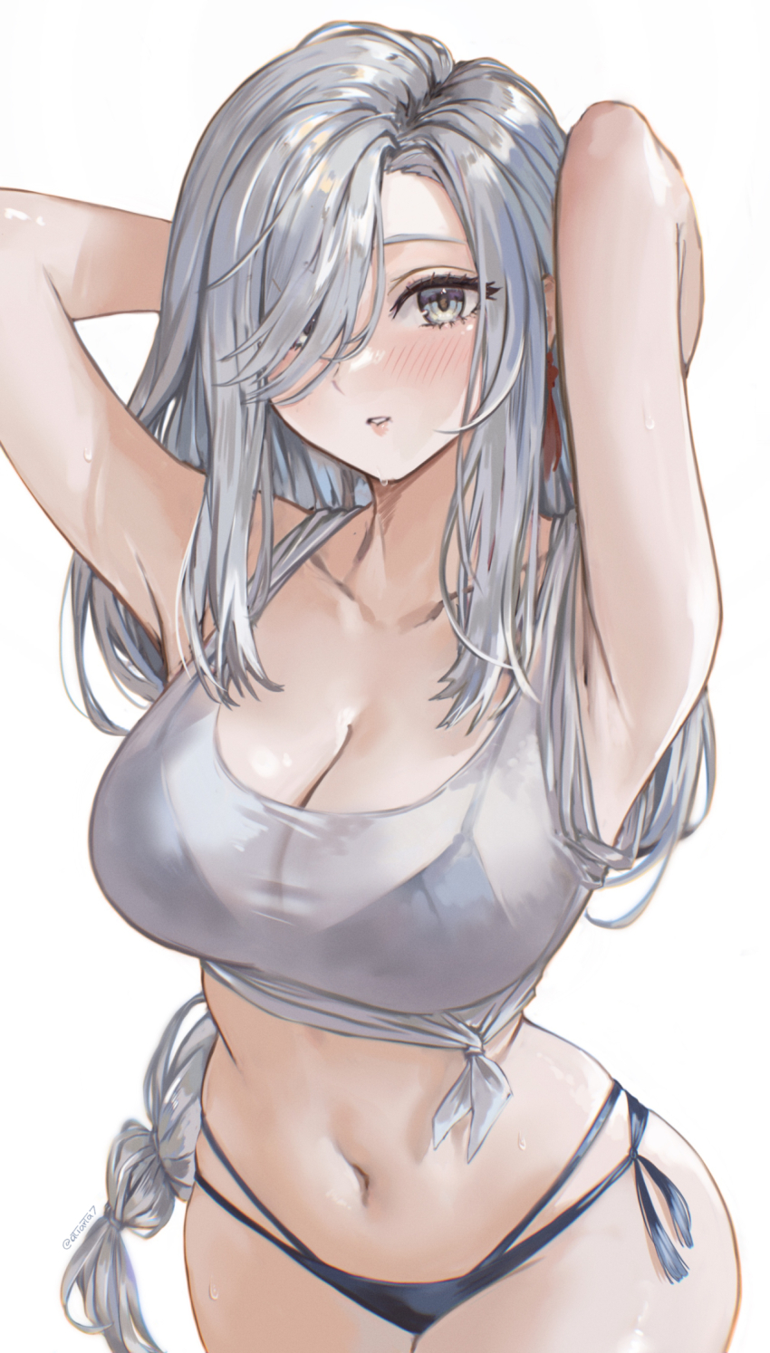 1girl armpits arms_up atiarta7 bare_arms bare_shoulders black_panties blush breasts cleavage commentary cowboy_shot genshin_impact grey_eyes grey_hair grey_tank_top highres large_breasts long_hair looking_at_viewer midriff navel no_pants panties parted_lips shenhe_(genshin_impact) side-tie_panties simple_background solo standing stomach tank_top underwear white_background