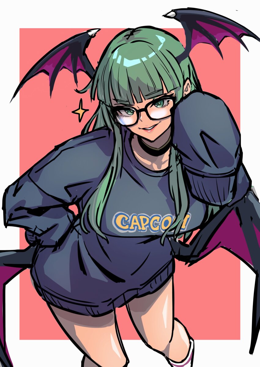 1girl absurdres ap_cammy bespectacled black-framed_eyewear blunt_bangs clothes_writing cowboy_shot demon_wings glasses green_eyes green_hair head_wings highres hime_cut looking_at_viewer morrigan_aensland smile solo darkstalkers wings