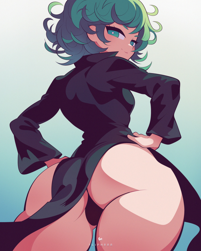 1girl artist_name ass ass_focus bare_hips black_dress breasts closed_mouth convenient_censoring cowboy_shot dress eyebrows eyelashes female_focus flipherrrr from_behind from_below gradient_background green_background green_eyes green_hair hands_on_own_hips highres huge_ass looking_at_viewer looking_back looking_down matching_hair/eyes medium_hair naughty_face one-punch_man petite simple_background small_breasts smile solo standing tatsumaki wavy_hair wide_hips