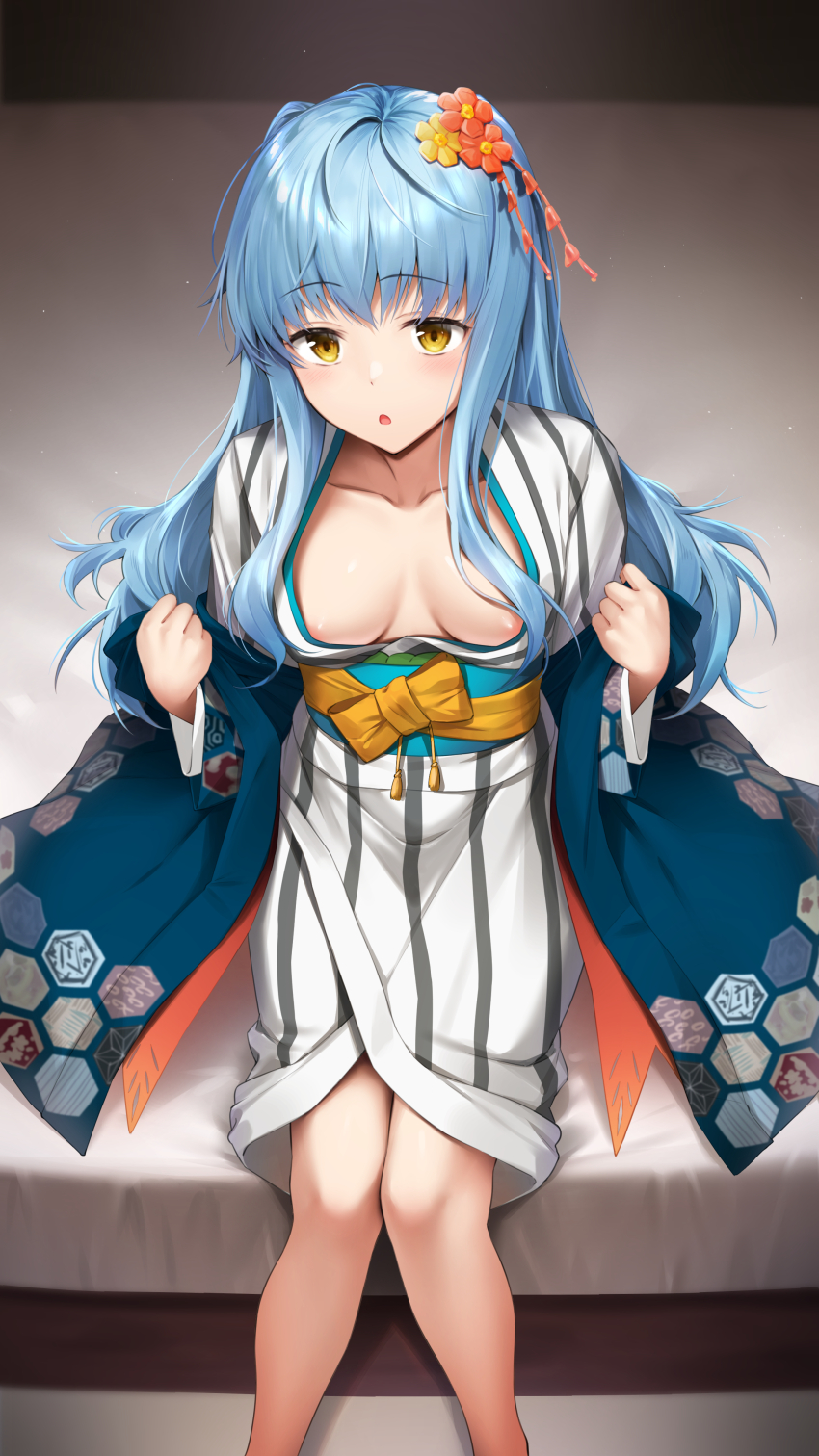 1girl absurdres ao_no_kiseki areola_slip blue_hair breasts cleavage collarbone commission eiyuu_densetsu falcom grass head_tilt henria highres indoors japanese_clothes kimono long_hair looking_at_viewer on_bed oral sitting skeb_commission small_breasts solo straight_hair striped_clothes striped_kimono tio_plato white_kimono yellow_eyes zero_no_kiseki