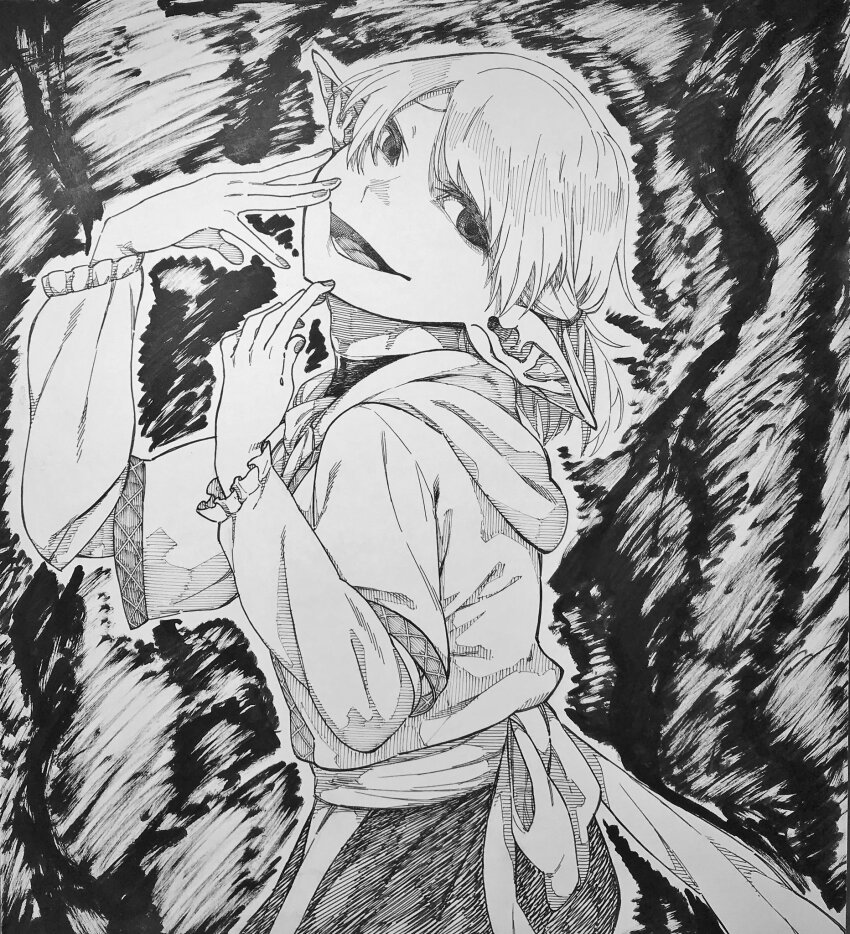 1girl arm_warmers commentary_request cowboy_shot graphite_(medium) greyscale half_updo highres looking_at_viewer looking_to_the_side mizuhashi_parsee monochrome open_mouth ozma_(yozakura) pointy_ears shaft_look shirt short_hair skirt smile solo tongue touhou traditional_media