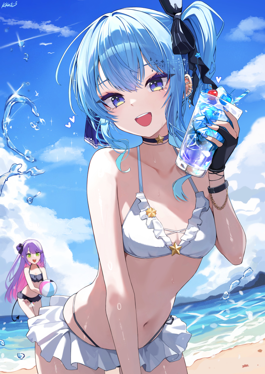 2girls absurdres ball bare_shoulders beachball bikini black_bikini black_choker black_gloves blue_hair blue_sky choker cloud cloudy_sky collarbone commentary cup glass gloves highres holding holding_ball holding_beachball holding_cup hololive hoshimachi_suisei kkato long_hair looking_at_viewer multiple_girls navel open_mouth outdoors partially_fingerless_gloves purple_hair sky smile solo_focus stomach swimsuit teeth tokoyami_towa upper_teeth_only virtual_youtuber white_bikini