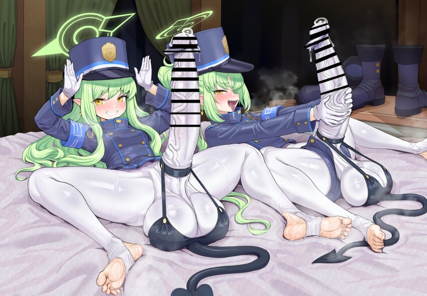 2futa armband bar_censor black_hair black_jacket black_shorts black_tail blue_archive blue_armband boots breasts buttons censored double-breasted earrings erection feet futanari futanari_masturbation gloves green_hair green_halo halo hat highres hikari_(blue_archive) huge_penis huge_testicles jacket jewelry long_hair long_sleeves looking_at_viewer lying masturbation multiple_futa nasuta5mamma no_shoes nozomi_(blue_archive) on_back open_mouth pantyhose peaked_cap penis pointy_ears precum shorts siblings sisters small_breasts smile stirrup_legwear tail testicles toeless_legwear tongue tongue_out unworn_boots veins veiny_penis very_long_hair white_gloves white_pantyhose yellow_eyes