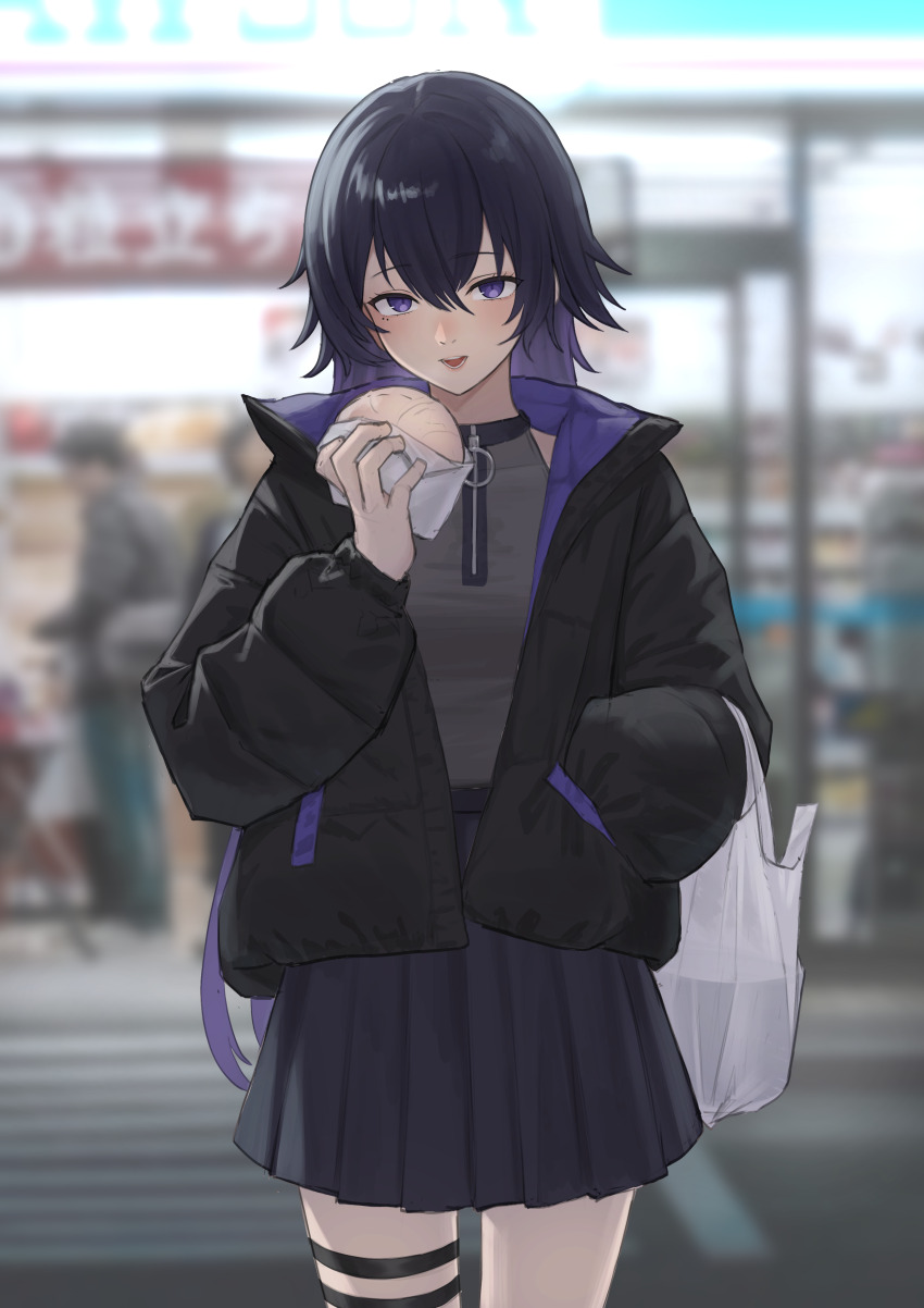 1girl absurdres bag black_hair black_jacket black_skirt blurry blurry_background colored_inner_hair commentary_request cowboy_shot double-parted_bangs food grey_shirt hair_between_eyes halter_shirt halterneck hand_in_pocket highres holding holding_food jacket kamitsubaki_studio koko_(kamitsubaki_studio) light_blush long_hair long_sleeves looking_at_viewer mole mole_under_eye multicolored_hair multiple_thigh_straps neko_hiiragi o-ring open_clothes open_jacket open_mouth outdoors padded_jacket plastic_bag pleated_skirt purple_eyes purple_hair road shirt skirt solo standing steamed_bun straight-on street thigh_strap two-sided_fabric two-sided_jacket