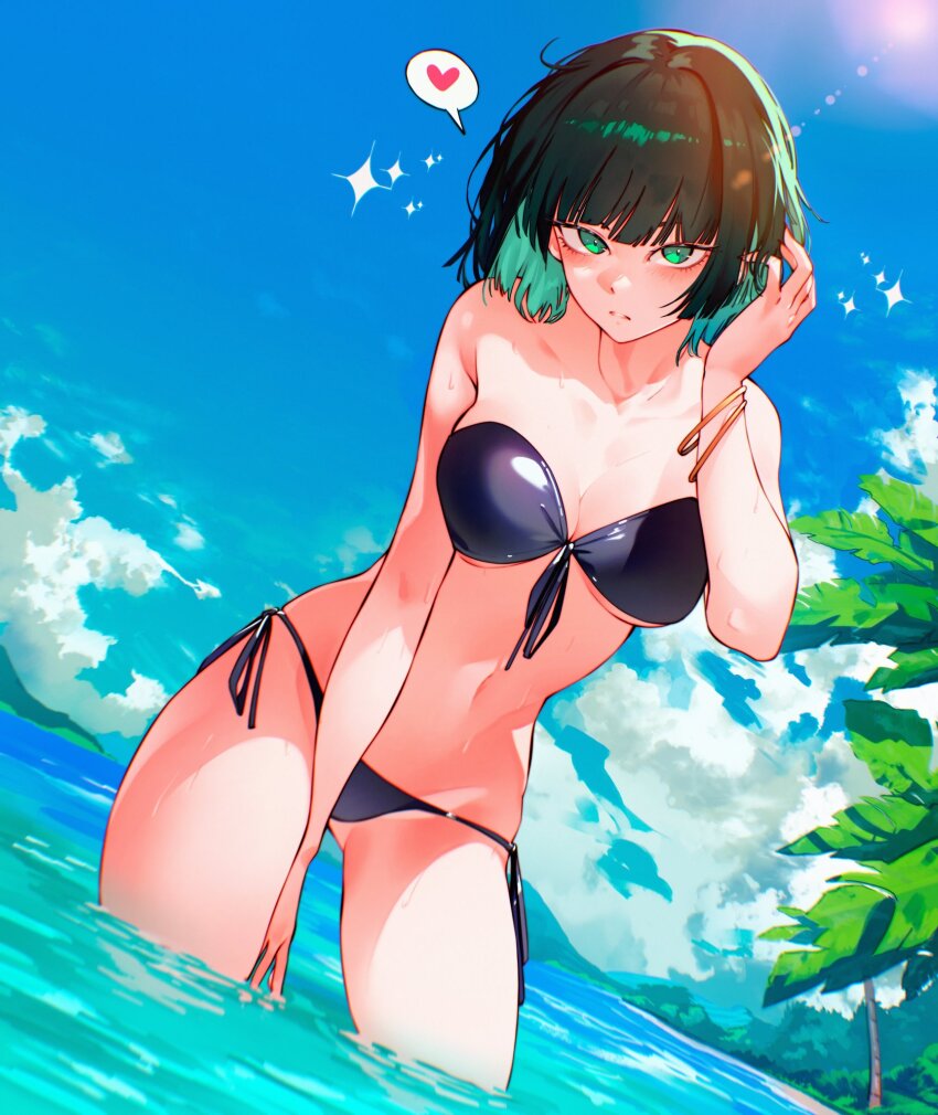 1girl arm_between_legs beach bikini blue_bikini blue_sky bracelet cesar_art456 closed_mouth colored_inner_hair day dutch_angle front-tie_bikini_top front-tie_top fubuki_(one-punch_man) green_eyes green_hair hand_in_own_hair heart highres jewelry lens_flare light_blush light_rays looking_at_viewer multicolored_hair navel ocean one-punch_man outdoors palm_tree side-tie_bikini_bottom sky solo sparkle spoken_heart strapless strapless_bikini sunlight swimsuit thighs tree wading water