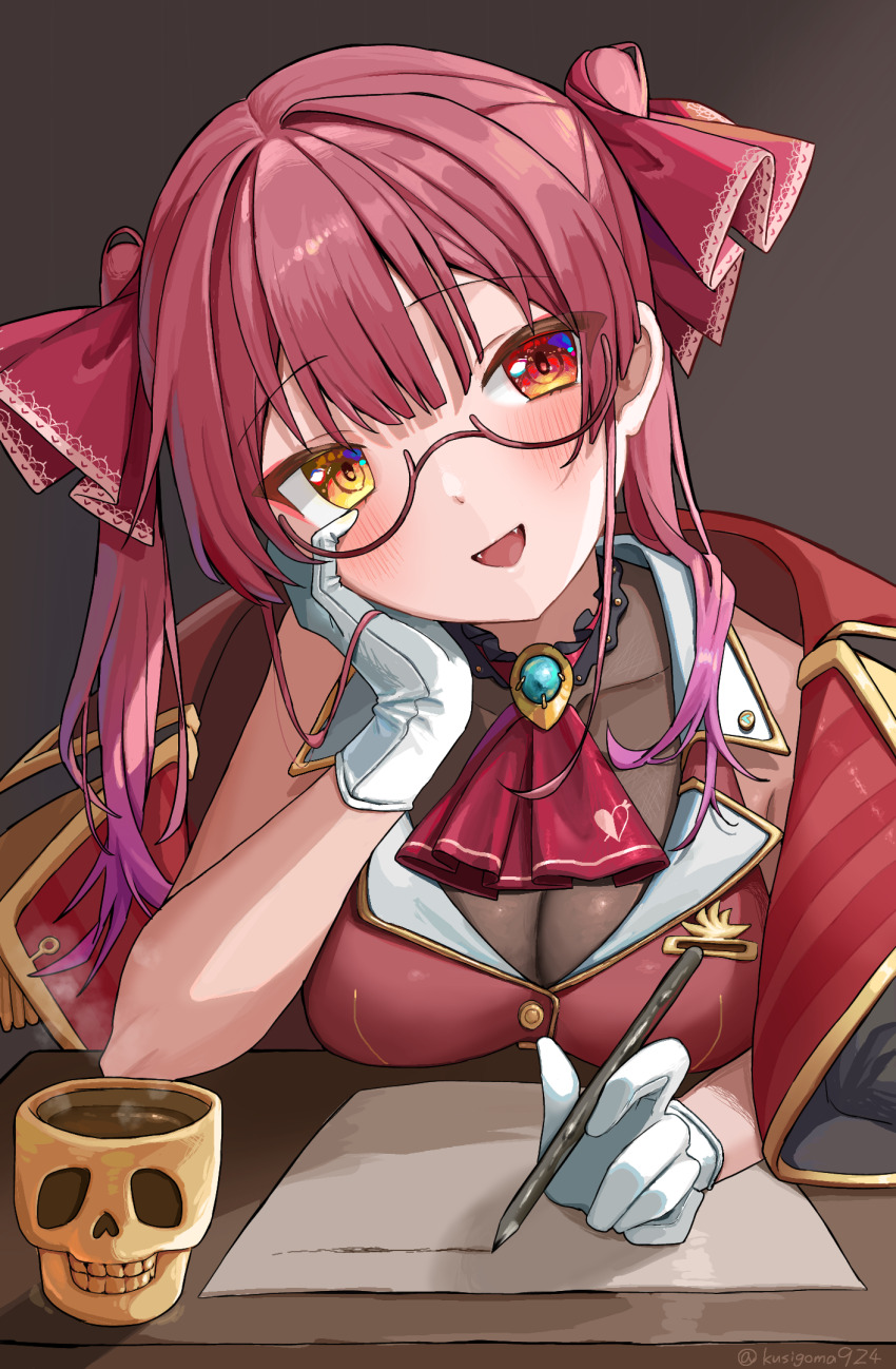 1girl ascot black_choker black_coat blush breasts choker cleavage coat cropped_jacket dokuro-kun_(houshou_marine) frilled_choker frills glasses gloves hair_ribbon head_rest heterochromia highres holding holding_pen hololive houshou_marine houshou_marine_(1st_costume) httk7782 jacket large_breasts leotard leotard_under_clothes open_mouth pen red-framed_eyewear red_ascot red_coat red_eyes red_hair red_jacket red_ribbon ribbon sleeveless sleeveless_jacket smile solo two-sided_coat two-sided_fabric virtual_youtuber white_gloves yellow_eyes