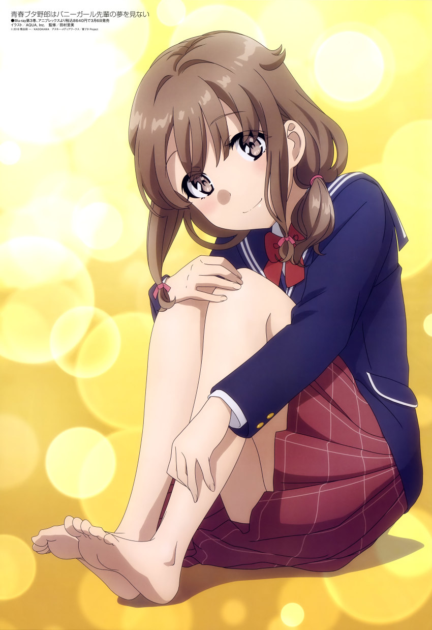 1girl absurdres aquastar_inc. azusagawa_kaede barefoot blush bow brown_eyes brown_hair eyes_visible_through_hair feet female_focus hair_ribbon head_tilt highres hugging_own_legs long_sleeves looking_at_viewer magazine_scan medium_hair megami_magazine official_art plaid_clothes plaid_skirt pleated_skirt red_bow red_skirt ribbon scan school_uniform seishun_buta_yarou sitting skirt smile soles solo toes yellow_background