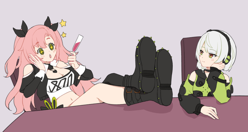 +_+ 2girls absurdres anby_demara black_bow black_footwear black_thighhighs blush boots bow breasts champagne_flute chinese_commentary cleavage commentary_request cup drink drinking_glass green_eyes green_jacket hair_bow hair_ornament hairclip hanamidonan headset heart heart_necklace highres holding holding_drink jacket jewelry large_breasts long_hair long_sleeves looking_at_another medium_hair midriff mole mole_on_breast multiple_girls navel necklace nicole_demara open_mouth orange_eyes pink_hair purple_background shirt simple_background single_thighhigh smile spiked_boots star_(symbol) thighhighs two-tone_eyes white_hair white_shirt zenless_zone_zero