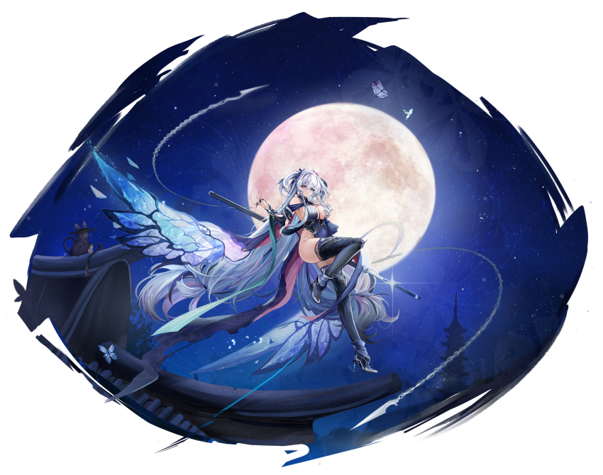 1girl absurdres alternate_costume azur_lane banchiyuebai black_footwear black_thighhighs blue_dress blue_eyes breasts brown_eyes cleavage closed_mouth dress elbing_(azur_lane) fairy_wings heterochromia high_heels highres large_breasts long_hair looking_at_viewer midair moon night night_sky outdoors rooftop short_twintails sky smile solo thighhighs translation_request twintails white_hair wings