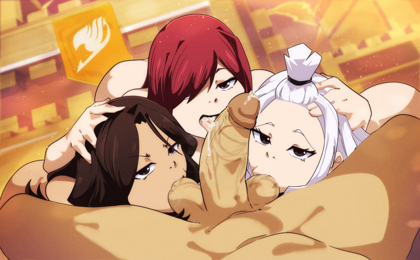 1boy 3girls absurdres after_fellatio assisted_fellatio brown_eyes brown_hair cana_alberona commission commissioner_upload cum cum_in_mouth cumdrip erza_scarlet fairy_tail fellatio front_ponytail frown group_sex hair_over_one_eye hands_on_another&#039;s_head head_grab highres large_penis long_hair looking_at_another mirajane_strauss multiple_girls non-web_source nude open_mouth oral orphen_(pink_seito) penis red_hair saliva saliva_trail testicle_sucking testicles white_hair