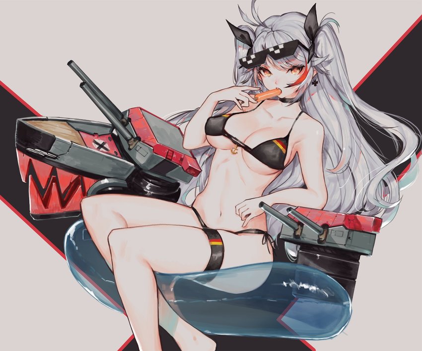 1girl azur_lane bikini black_bikini black_choker black_ribbon breasts choker collarbone cross cross_earrings earrings eating feet_out_of_frame female_focus flag_print food german_flag_bikini hair_ribbon highres holding holding_food innertube iron_cross jewelry large_breasts long_hair looking_at_viewer machinery multicolored_hair navel orange_eyes popsicle prinz_eugen_(azur_lane) prinz_eugen_(unfading_smile)_(azur_lane) red_hair ribbon ship_turret side-tie_bikini_bottom silver_hair sitting softmode solo stomach streaked_hair swept_bangs swim_ring swimsuit thigh_strap transparent tsurime two_side_up underboob very_long_hair