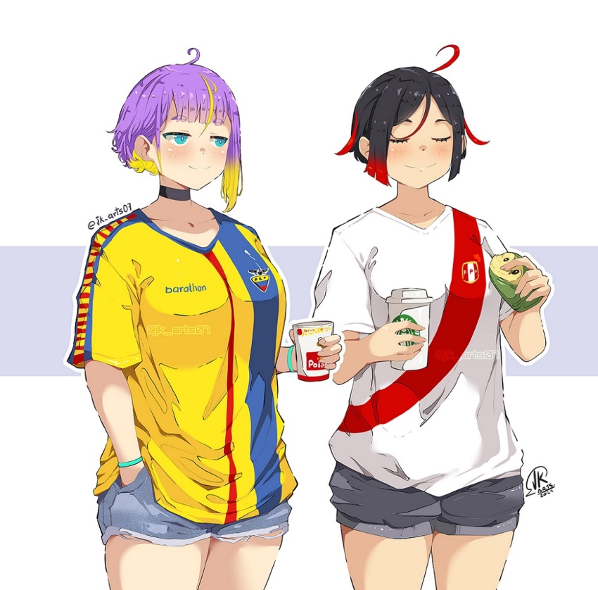 2girls aqua_eyes black_hair blonde_hair blush choker closed_eyes collarbone cup denim disposable_coffee_cup disposable_cup eating ecuador food holding holding_cup jersey jk_arts multicolored_hair multiple_girls original peru purple_hair red_hair shirt short_hair shorts simple_background smile soccer_uniform sportswear standing starbucks two-tone_hair