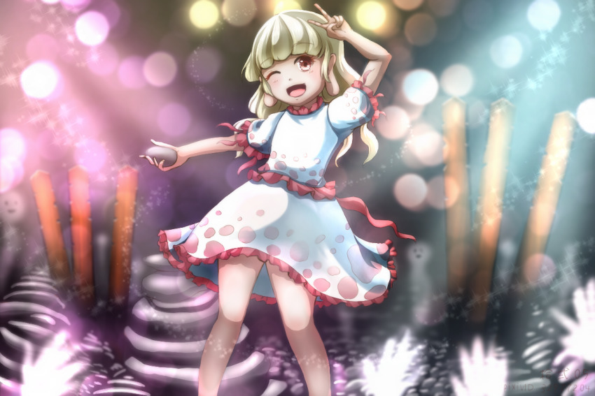 Juuni 05 Ebisu Eika Touhou Commentary Request 1girl D Arms Up Blonde Hair Blunt Bangs 