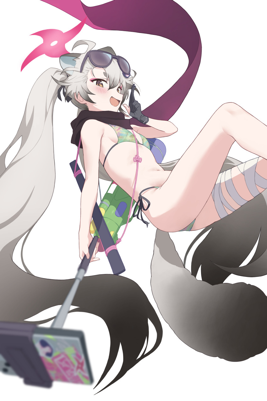 1girl absurdres ahoge animal_ears ass bare_arms bare_legs bare_shoulders bikini black_gloves blue_archive blush breasts extra_ears eyewear_on_head fang gloves green_bikini grey_hair hair_between_eyes halo highres long_hair michiru_(blue_archive) navel open_mouth partially_fingerless_gloves pink_halo pink_scarf raccoon_ears raccoon_tail same_(samefgo) scarf simple_background single_glove small_breasts smile solo sunglasses swimsuit tail twintails water_gun white_background yellow_eyes