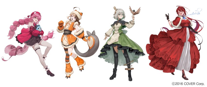 4girls absurdres animal_ears braid cat_girl cat_tail cecilia_immergreen chattino_(raora_panthera) commentary dress elizabeth_rose_bloodflame english_commentary full_body gigi_murin gum_shrew highres holojustice hololive hololive_english medium_hair multiple_girls official_alternate_costume official_alternate_hairstyle official_art raora_panthera simple_background tail twin_braids virtual_youtuber white_background