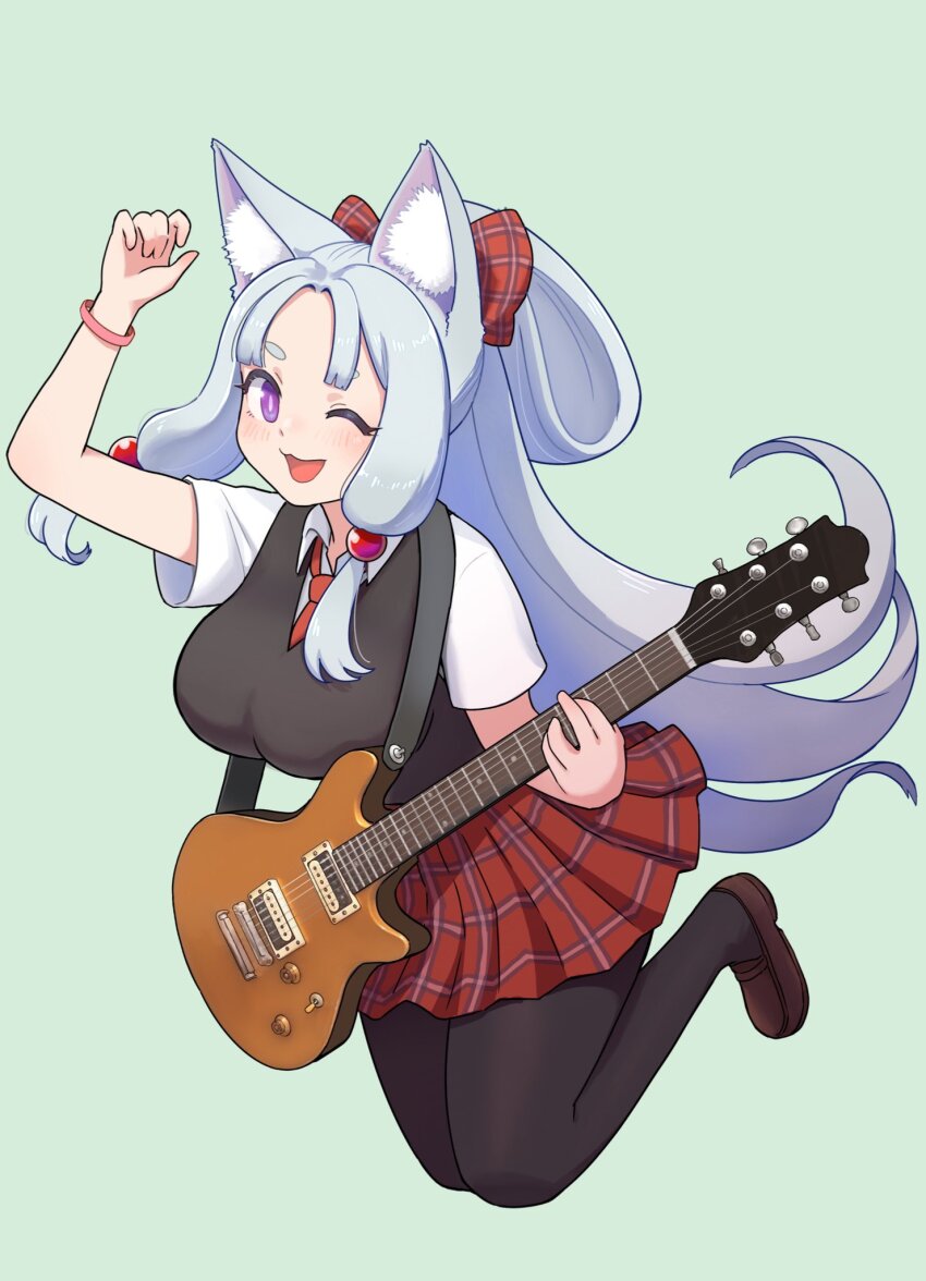 1girl ;d animal_ear_fluff animal_ears arm_up black_pantyhose blush bracelet brown_footwear collared_shirt commentary_request fox_ears full_body green_background guitar hair_bobbles hair_ornament highres holding holding_guitar holding_instrument instrument jewelry jumping kimutomo_2 long_hair looking_at_viewer necktie one_eye_closed open_mouth pantyhose plaid_clothes plaid_skirt pleated_skirt purple_eyes red_necktie red_skirt shirt short_sleeves sidelocks simple_background skirt smile solo touhoku_itako voiceroid white_hair white_shirt