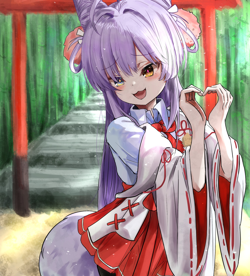 1girl :3 artist_request blue_eyes blush bow cone_hair_bun fox_girl fox_tail furrowed_brow hair_between_eyes hair_bow hair_bun hair_ornament hair_rings hakama heart heart_hands heterochromia highres jacket japanese_clothes long_hair looking_at_viewer miko nontraditional_miko open_clothes open_jacket open_mouth open_robe pleated_skirt pom_pom_(clothes) pom_pom_hair_ornament purple_hair red_hakama red_skirt robe shirt skirt solo solo_focus stellive tail tenko_shibuki torii white_bow white_shirt wide_sleeves yellow_eyes