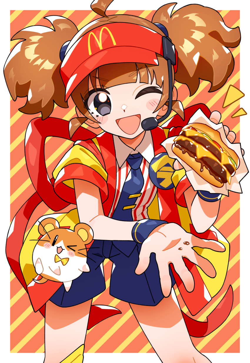 1girl black_eyes blunt_bangs brown_hair burger cowboy_shot food fuji_tarawi hamster highres holding holding_burger holding_food imadake_dabuchi_tabemi imadake_dabuchi_tabesuke looking_at_viewer mcdonald&#039;s necktie one_eye_closed shirt shorts smile solo striped_clothes striped_shirt twintails