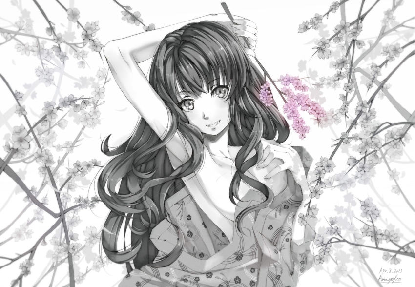 1girl amayofuu armpits bare_shoulders branch cherry_blossoms female_focus long_hair looking_at_viewer monochrome open_mouth original smile solo spot_color undressing wavy_hair