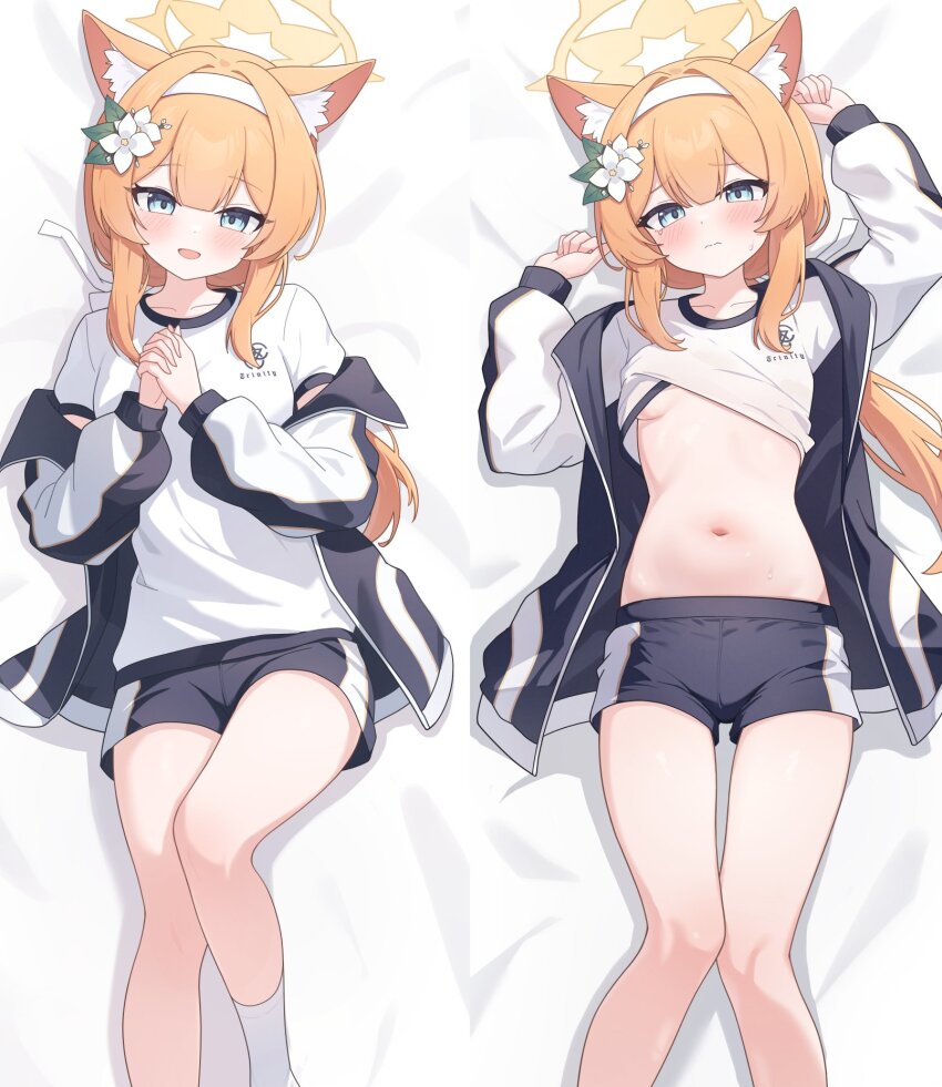 1girl animal_ear_fluff animal_ears aqua_eyes black_shorts blue_archive blush breasts cat_ears closed_mouth clothes_lift commentary dakimakura_(medium) embarrassed flower gym_shorts gym_uniform hair_flower hair_ornament hairband halo highres jacket long_hair looking_at_viewer mari_(blue_archive) mari_(track)_(blue_archive) multicolored_clothes multicolored_jacket navel nonddu official_alternate_costume open_mouth orange_hair own_hands_clasped own_hands_together shirt shirt_lift shorts small_breasts smile socks stomach symbol-only_commentary track_jacket two-tone_jacket white_hairband white_shirt white_socks yellow_halo