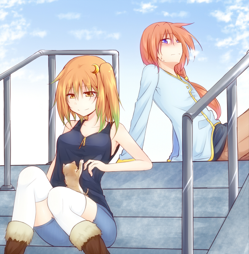 2girls blush borrowed_character breasts brown_eyes brown_hair cat crescent crescent_hair_ornament crescent_moon day hair_ornament highres kagetsu_nozumu long_hair looking_at_another medium_breasts moon multiple_girls orange_hair original purple_eyes railing sitting sitting_on_stairs sky smile stairs thighhighs tokiniwa_yuuhi tokiniwa_yuuki vellark