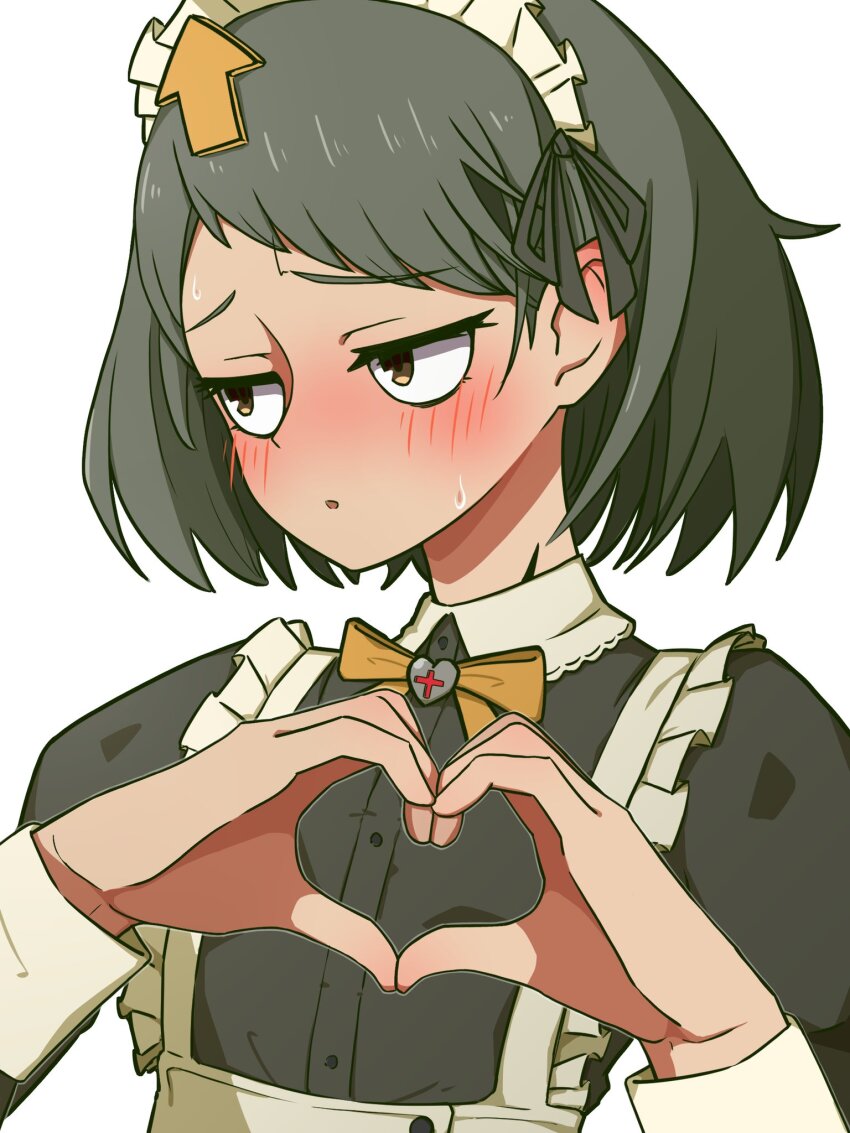 1girl arrow_(symbol) blush bow bowtie delilah_(guilty_gear) frills guilty_gear guilty_gear_strive half-closed_eyes heart heart_hands highres looking_at_viewer maid maid_headdress nirade44 open_mouth own_hands_together short_hair simple_background solo upper_body