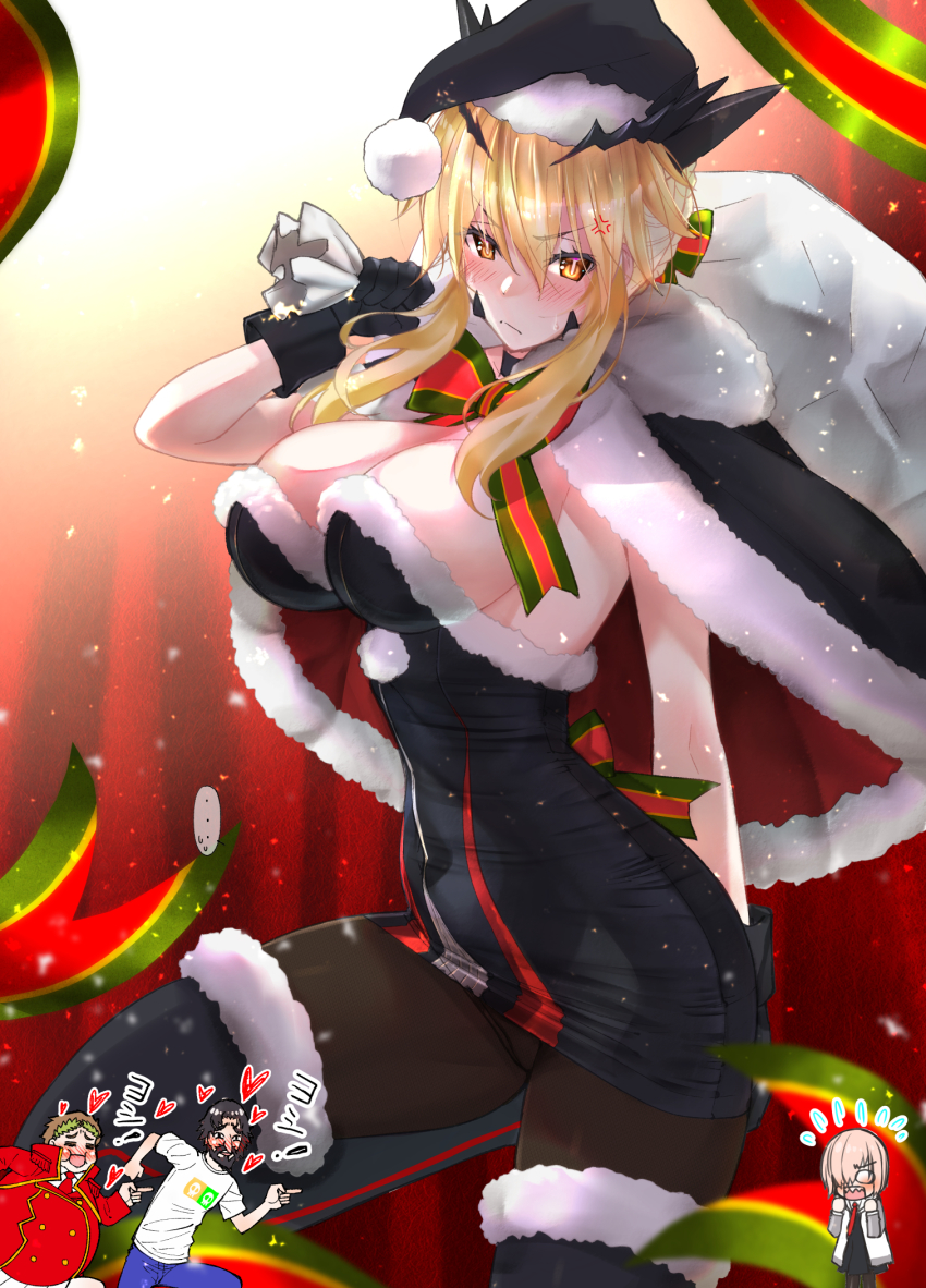 ... 1girl 2boys 2girls anger_vein arm_behind_back artoria_pendragon_(all) artoria_pendragon_(fate) artoria_pendragon_(lancer_alter)_(fate) black_cape black_footwear black_gloves black_headwear black_pantyhose black_santa_costume blonde_hair blush boots bow breasts cape closed_mouth commentary_request dress edward_teach_(fate) edward_teach_(final_ascension)_(fate) fate/grand_order fate_(series) flying_sweatdrops frown fur-trimmed_cape fur-trimmed_footwear fur_trim glaring gloves half-closed_eyes hat heart highres holding holding_sack gaius_julius_caesar_(fate) kneeling large_breasts looking_at_viewer mash_kyrielight microdress multiple_boys multiple_girls over_shoulder pantyhose red_bow red_cape sack sanazura_hiroyuki santa_alter santa_costume santa_hat short_hair sidelocks snowing solo_focus spoken_ellipsis strapless strapless_dress sweatdrop thigh_boots thighhighs two-sided_cape two-sided_fabric yellow_eyes