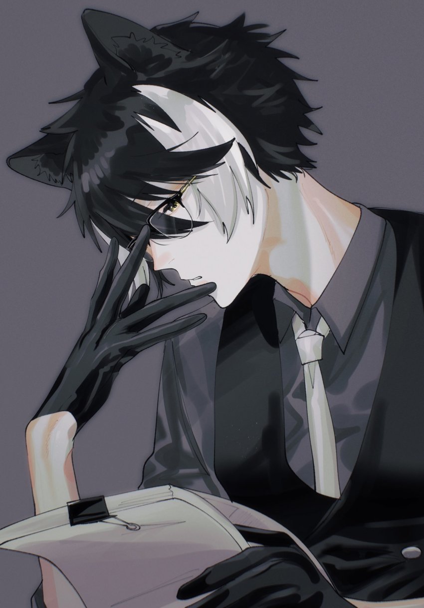 1boy adjusting_eyewear animal_ears bespectacled black_gloves black_hair black_vest collared_shirt glasses gloves grey_background grey_shirt hair_between_eyes highres holding holding_paper holostars jackal_boy jackal_ears kageyama_shien male_focus momiage_40 multicolored_hair necktie paper parted_lips reading shirt short_hair simple_background solo two-tone_hair upper_body vest virtual_youtuber white_hair white_necktie yellow_eyes