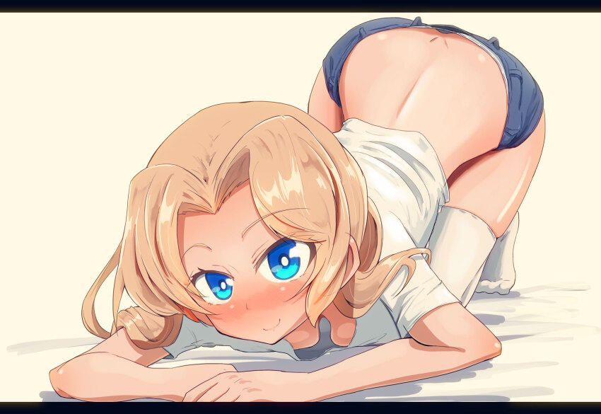 1girl bed_sheet black_shirt blonde_hair blue_eyes blush breasts closed_mouth commentary denim denim_shorts downblouse girls_und_panzer hair_intakes highres jinguu_(4839ms) kay_(girls_und_panzer) letterboxed looking_at_viewer medium_breasts medium_hair midriff on_bed panties panty_peek pantyslip shirt short_shorts short_sleeves shorts smile solo t-shirt thighhighs top-down_bottom-up underwear white_shirt white_thighhighs