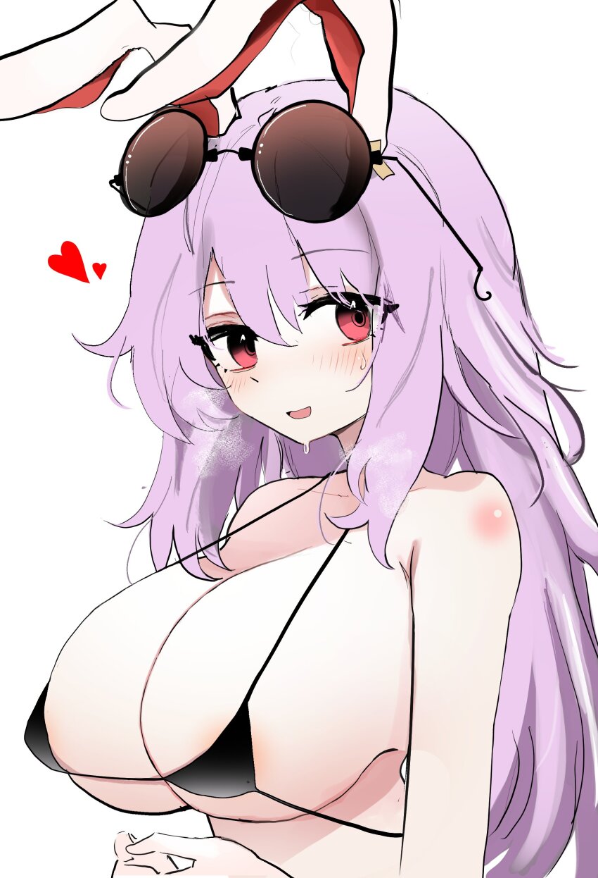 1girl absurdres animal_ears bikini black_bikini blush body_blush breasts breath cleavage eyewear_on_head hair_between_eyes heart highres large_breasts long_hair looking_at_viewer open_mouth ougiikun own_hands_together purple_hair rabbit_ears rabbit_girl red_eyes reisen_udongein_inaba sidelocks simple_background smile solo sunglasses sweat swimsuit touhou upper_body white_background