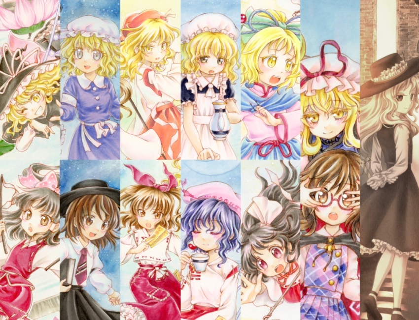 6+girls :d apron black_hair black_hat black_skirt blonde_hair blonde_oekaki_girl_(touhou) blonde_shrine_maiden_from_a_future_era_(touhou) blue_ribbon bow brown_eyes brown_hair brown_hat cleaning_maid_(touhou) closed_mouth commentary_request cup detached_sleeves dolls_in_pseudo_paradise fedora full_body girl_who_trained_on_mt._haku_(touhou) hair_bow hair_ribbon hakurei_reimu hat hat_ribbon highres hourai_girl_(touhou) io_(maryann_blue) jacket_girl_(dipp) kirisame_marisa long_hair long_sleeves maribel_hearn medium_hair mob_cap moonlight&#039;s_anti-soul_(touhou) mug multiple_girls necktie open_mouth portrait_of_exotic_girls purple_eyes purple_hair purple_vest red_bow red_eyes red_hat red_necktie red_ribbon red_skirt ribbon satsuki_rin shirt short_hair sidelocks skirt smile touhou traditional_media usami_renko usami_sumireko vest wavy_hair white_apron white_hair white_ribbon white_shirt wide_sleeves witch_hat yakumo_yukari yellow_eyes