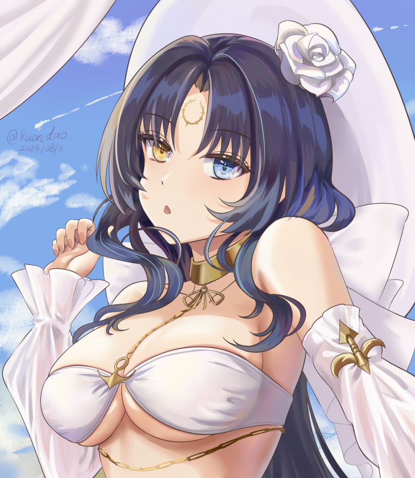 1girl absurdres artist_name azur_lane bikini black_hair blue_eyes breasts cleavage commentary_request dated day detached_sleeves flower hat heterochromia highres large_breasts long_hair long_sleeves looking_at_viewer official_alternate_costume roma_(azur_lane) roma_(vacation_upon_the_tiber)_(azur_lane) rose ruan_dao sky solo swimsuit upper_body white_bikini white_flower white_hat white_rose white_sleeves yellow_eyes