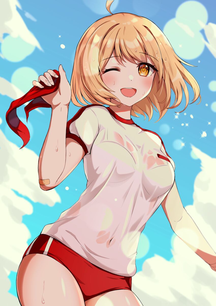 1girl ;d absurdres ahoge bandaid bandaid_on_arm blonde_hair blue_sky blurry blurry_background bokeh bra_visible_through_clothes breasts buruma cloud covered_navel cowboy_shot depth_of_field dot_nose floating_hair gym_shirt gym_uniform hand_up haru_estia highres holding holding_ribbon looking_at_viewer losvje1024 medium_breasts medium_hair one_eye_closed open_mouth orange_eyes red_buruma red_ribbon ribbon shirt shirt_tucked_in short_sleeves sky smile solo soulworker sparkle sweat sweaty_clothes teeth upper_teeth_only wet wet_hair white_shirt