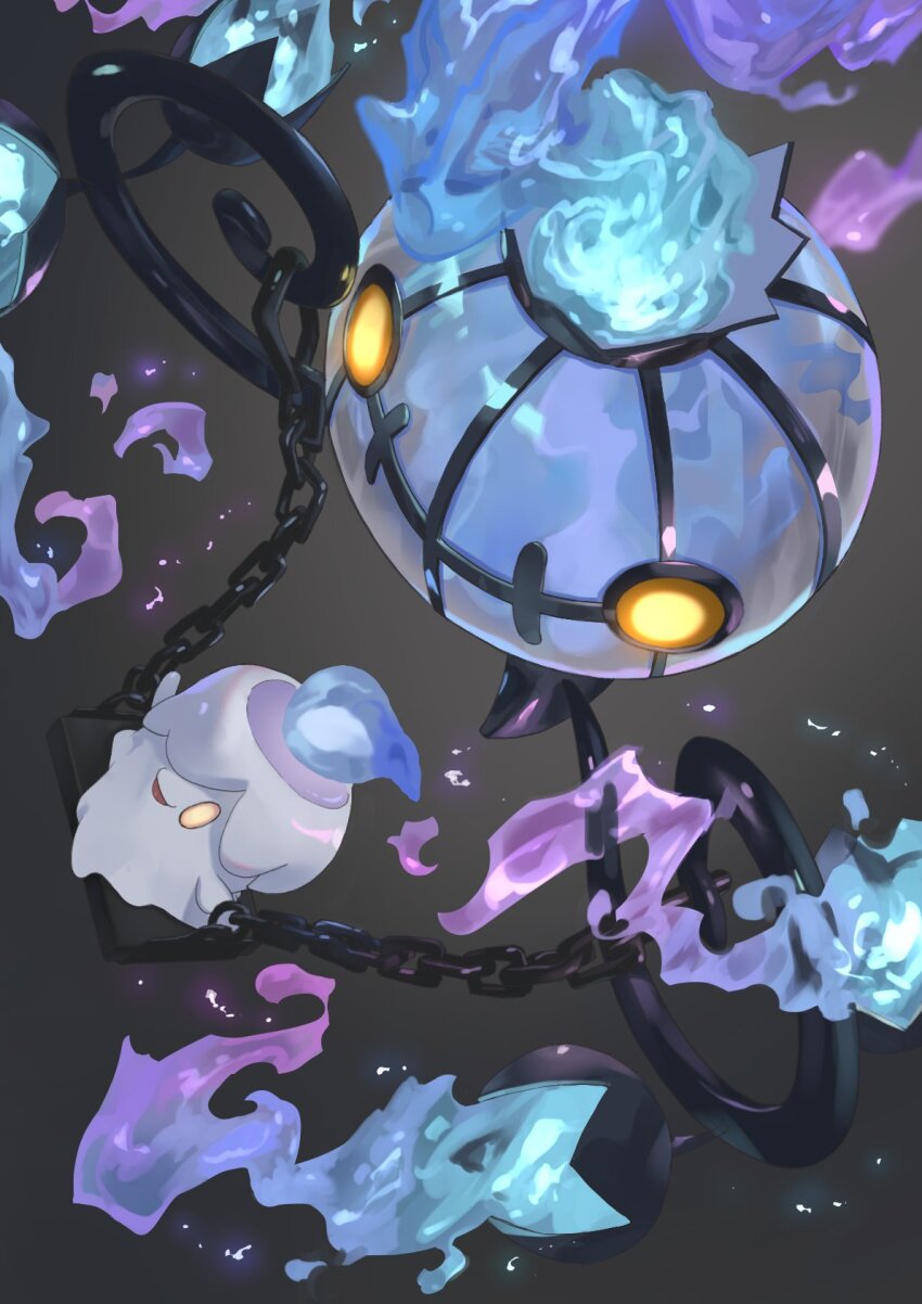 animate_object candle chandelier chandelure creatures_(company) evolutionary_line fire from_above game_freak gen_5_pokemon grey_background highres litwick nintendo no_humans pokemon pokemon_(creature) pokemon_airy purple_fire swing