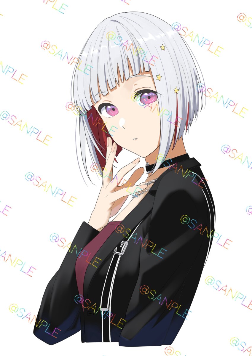 1girl absurdres black_choker black_jacket bob_cut casual choker colored_inner_hair commentary_request cropped_torso diagonal_bangs grey_hair hair_ornament highres inverted_bob jacket link!_like!_love_live! long_sleeves looking_at_viewer love_live! multicolored_hair o-ring o-ring_choker official_alternate_costume open_clothes open_jacket parted_lips pink_eyes red_hair red_shirt s_sho_mkrn sample_watermark shirt short_hair simple_background solo star_(symbol) star_hair_ornament streaked_hair too_many_watermarks virtual_youtuber watermark white_background yugiri_tsuzuri