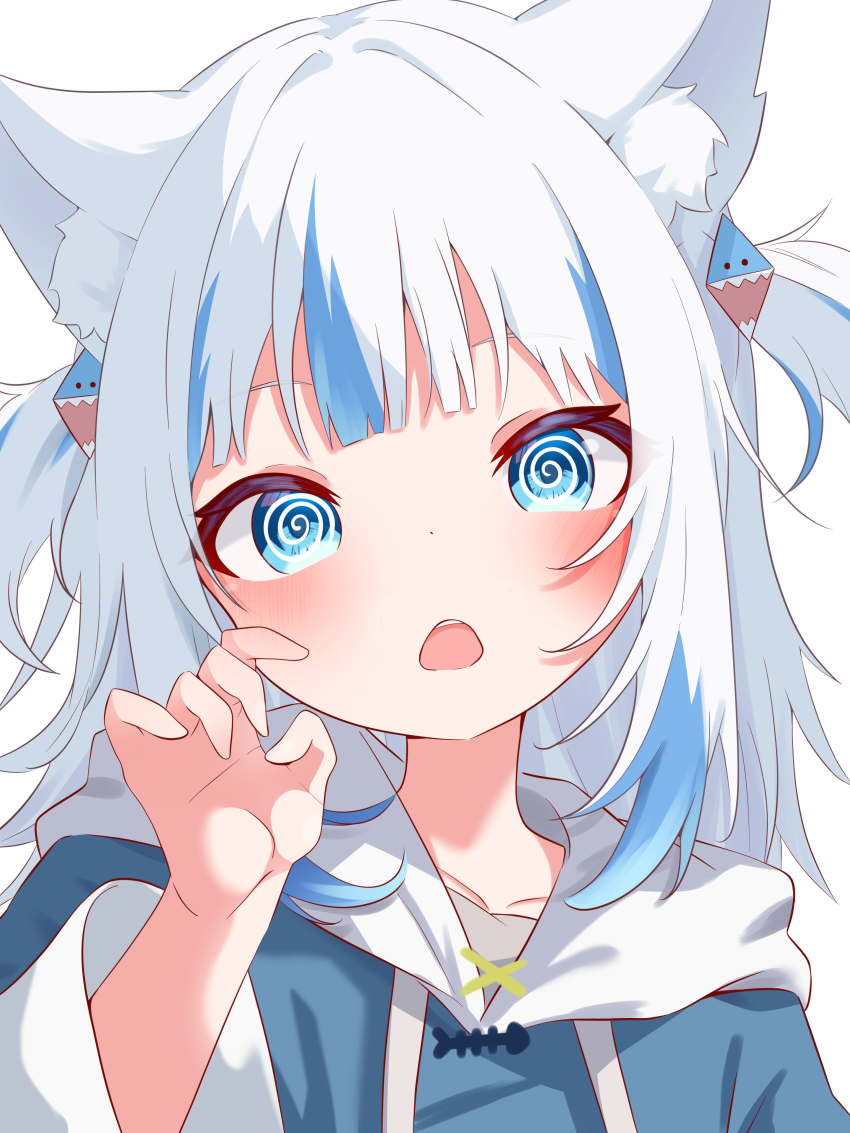 1girl @_@ absurdres animal_ear_fluff animal_ears blue_eyes blue_hair blue_hoodie blunt_bangs blush collarbone gawr_gura hair_ornament happy highres hololive hololive_english hood hoodie hypnosis mind_control multicolored_hair open_mouth ryu160303 shark_girl shark_hair_ornament sharp_teeth streaked_hair teeth two-tone_hair virtual_youtuber white_hair