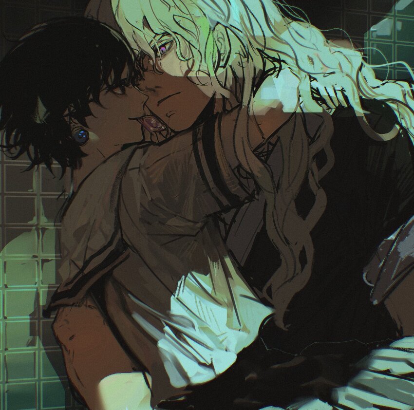 2boys black_eyes black_hair black_shirt chrollo_lucilfer condom condom_in_mouth condom_wrapper earrings grey_hair highres hug hunter_x_hunter jewelry long_hair male_focus mizu1202001 mouth_hold multiple_boys pink_eyes shirt short_hair short_sleeves silva_zoldyck sketch smile white_shirt yaoi