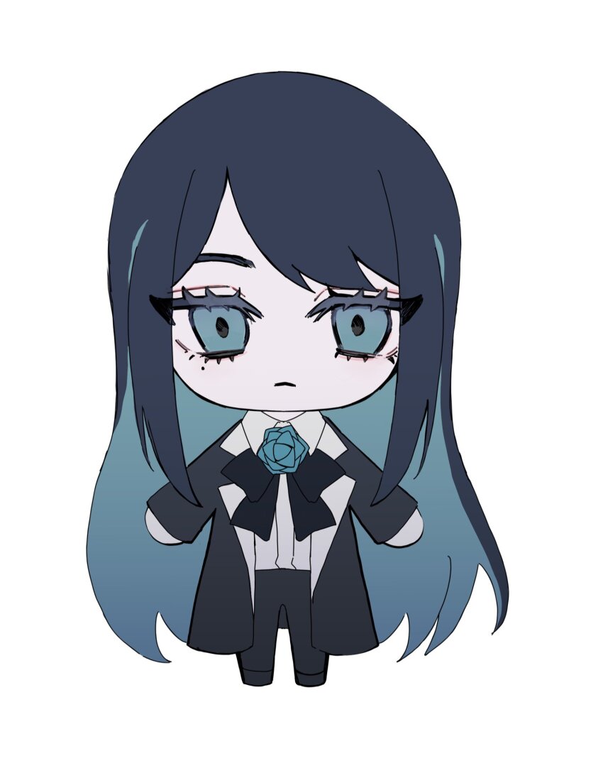 1girl ado_(utaite) black_bow black_bowtie black_pants blue_eyes bow bowtie chando_(ado) chibi chibi_only closed_mouth collared_shirt colored_inner_hair commentary_request flower_brooch highres long_hair merchandise_available mole mole_under_eye multicolored_hair official_art orihara_(ewkkyorhr) pants shirt simple_background solo utaite white_background white_shirt