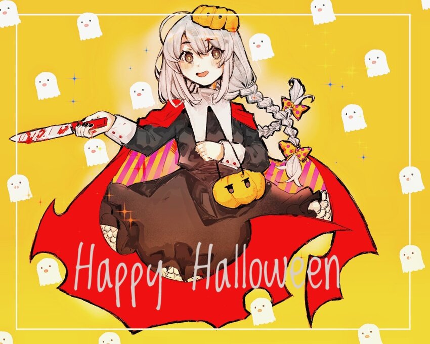 1girl akasasachii black_dress blush bow braid brown_eyes cape cowboy_shot cropped_legs dress food-themed_hair_ornament funamusea hair_bow hair_ornament jack-o&#039;-lantern long_hair long_sleeves low_twin_braids mochiko_(funamusea) open_mouth polka_dot polka_dot_bow pumpkin_hair_ornament red_cape simple_background smile solo twin_braids white_hair yellow_background