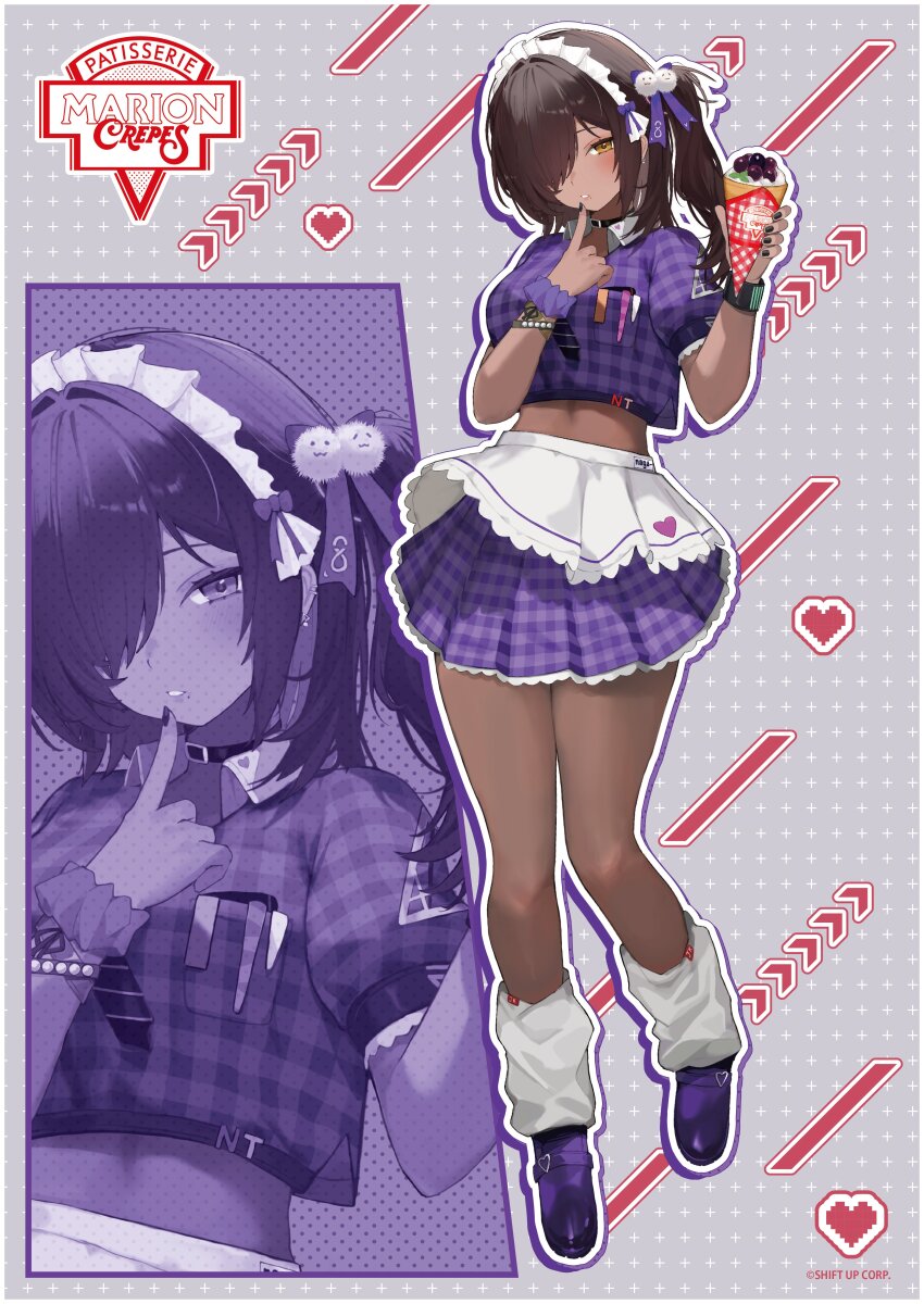 1girl absurdres black_choker choker crepe dark-skinned_female dark_skin food full_body goddess_of_victory:_nikke heart highres holding holding_crepe holding_food loose_socks maid naga_(nikke) official_alternate_costume official_art purple_skirt skirt socks solo