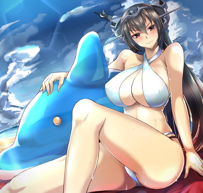 &gt;:) 10s 1girl arm_support bare_shoulders beach bikini black_hair blush breasts cleavage covered_erect_nipples criss-cross_halter dolphin female_focus hairband halterneck headgear huge_breasts kantai_collection kantai_collection_(anime) knee_up kumakichi_(cost-lost) large_breasts long_hair looking_at_viewer nagato_(kancolle) panties pantyshot red_eyes sitting smile solo swimsuit underwear v-shaped_eyebrows wet white_bikini