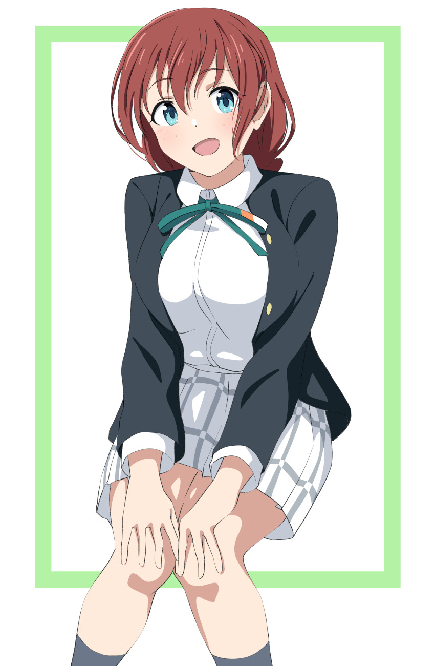 1girl absurdres ankle_socks black_jacket blue_eyes breasts brown_hair collared_shirt commentary dress_shirt emma_verde feet_out_of_frame freckles green_ribbon grey_socks hands_on_own_knees highres invisible_chair jacket large_breasts long_hair long_sleeves love_live! love_live!_nijigasaki_high_school_idol_club miniskirt neck_ribbon nijigasaki_school_uniform open_clothes open_jacket plaid_clothes plaid_skirt pleated_skirt ribbon school_uniform shirt simple_background sitting skirt socks solo uchuu_no_mozuku white_background white_shirt white_skirt winter_uniform