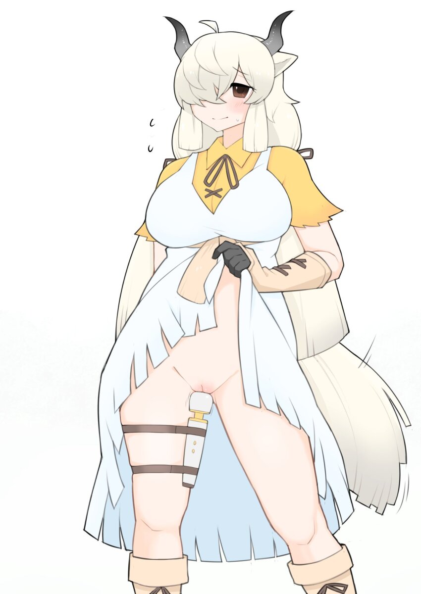 1girl animal_ears black_gloves blush boots breasts brown_eyes brown_footwear brown_ribbon closed_mouth commentary_request cow_ears cow_girl cow_horns dress feet_out_of_frame gloves grey_horns highres hitachi_magic_wand horns illu_(illu_stratos) kemono_friends large_breasts long_hair looking_at_viewer neck_ribbon no_panties pinafore_dress pussy ribbon sex_toy shirt simple_background sleeveless sleeveless_dress smile solo thigh_strap uncensored very_long_hair vibrator vibrator_in_thigh_strap white_background white_dress white_hair yak_(kemono_friends) yellow_shirt