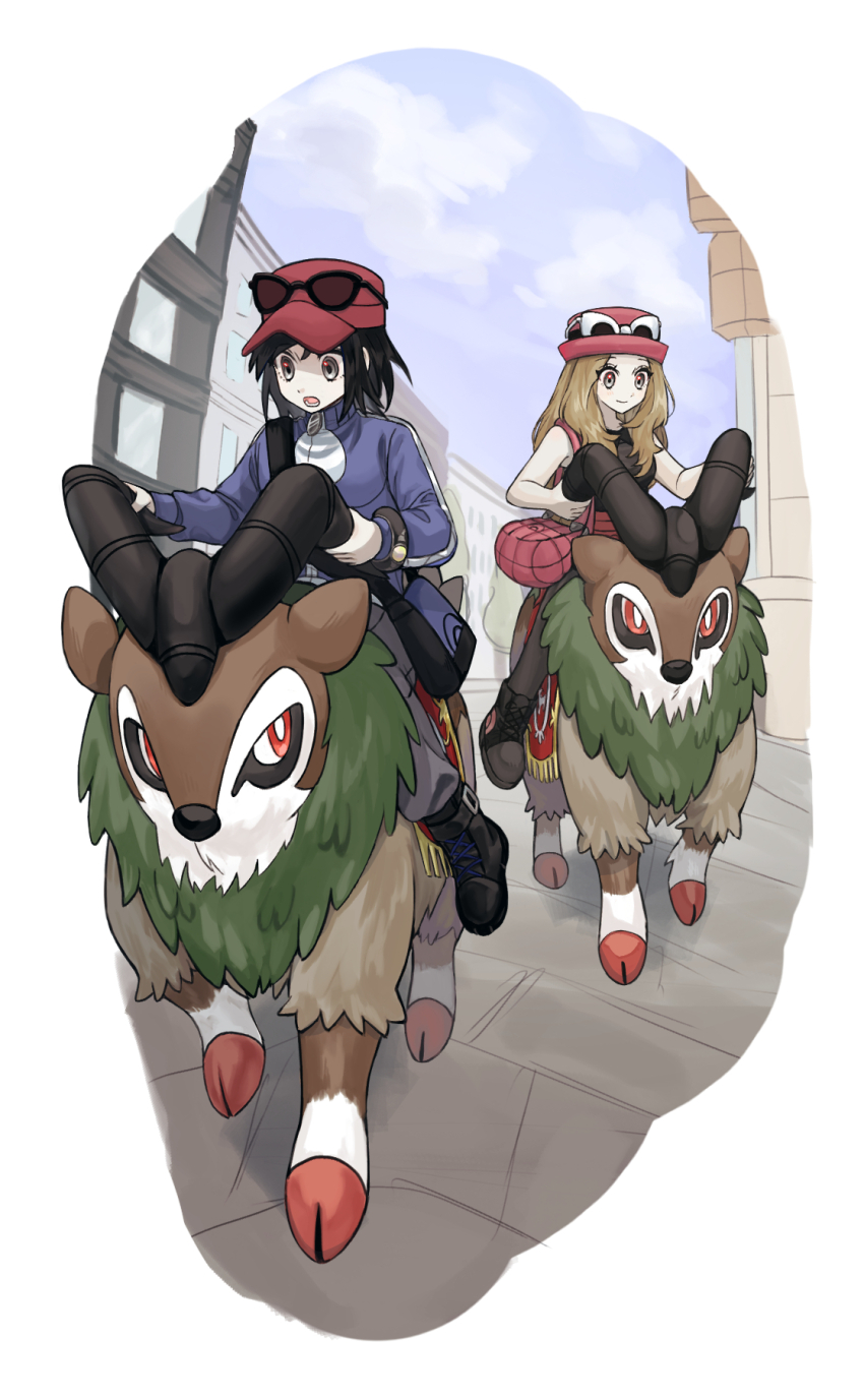 1boy 1girl animal_nose black_hair black_shirt blonde_hair blue_jacket blue_sky bright_pupils brown_fur building calem_(pokemon) cloud creatures_(company) eyewear_on_headwear fluffy game_freak gen_6_pokemon goat gogoat green_fur grey_eyes hat highres holding_another&#039;s_horns hooves jacket long_hair lumiose_city mega_ring multicolored_fur nintendo open_mouth pale_skin pink_bag pokemon pokemon_(creature) pokemon_focus pokemon_xy porkpie_hat red_eyes red_hat riding riding_pokemon sangrja_223 serena_(pokemon) shirt short_hair sky sleeveless sleeveless_shirt smile sunglasses tree turtleneck turtleneck_jacket white-framed_eyewear white_fur white_pupils zipper_pull_tab