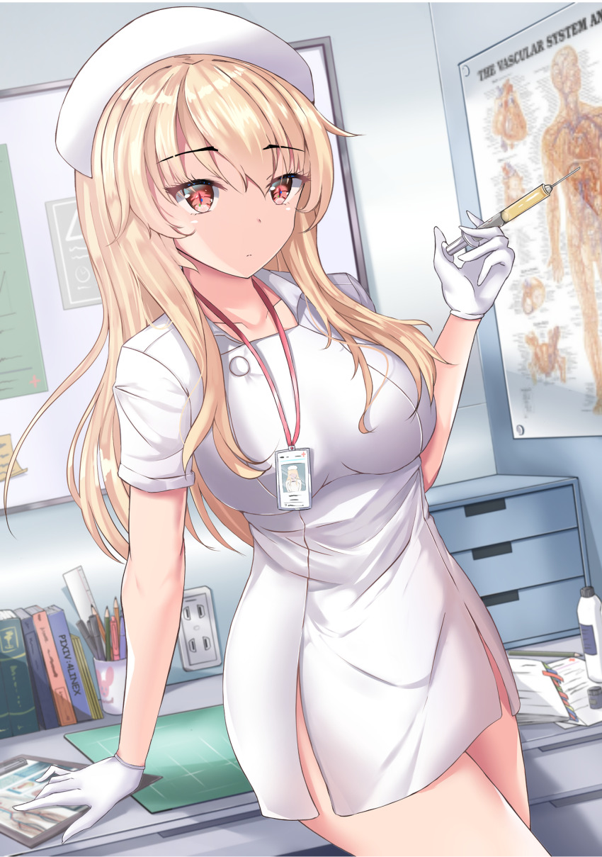 1girl blonde_hair breasts commentary diagram drawer electrical_outlet english_commentary gloves hat highres holding id_card infirmary lab_coat large_breasts line4x long_hair medium_breasts nurse nurse_cap poster_(object) red_eyes sakura-sou_no_pet_na_kanojo shiina_mashiro solo syringe table white_gloves