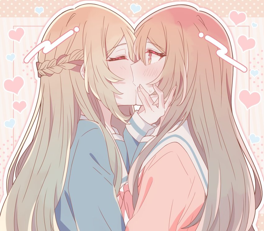 2girls blonde_hair blue_shirt blush bow bowtie brown_hair closed_eyes commentary fuwa_aya gradient_hair green_hair half_up_braid hand_on_another&#039;s_face heart highres kiss kousaka_0v0 long_hair long_sleeves looking_at_another multicolored_hair multiple_girls onna_doushi_toka_arienai_desho_to_iiharu_onnanoko_wo_hyakunichikan_de_tetteiteki_ni_otosu_yuri_no_ohanashi pink_bow pink_bowtie pink_shirt sailor_collar sakakibara_marika shirt sweatdrop upper_body white_sailor_collar yuri