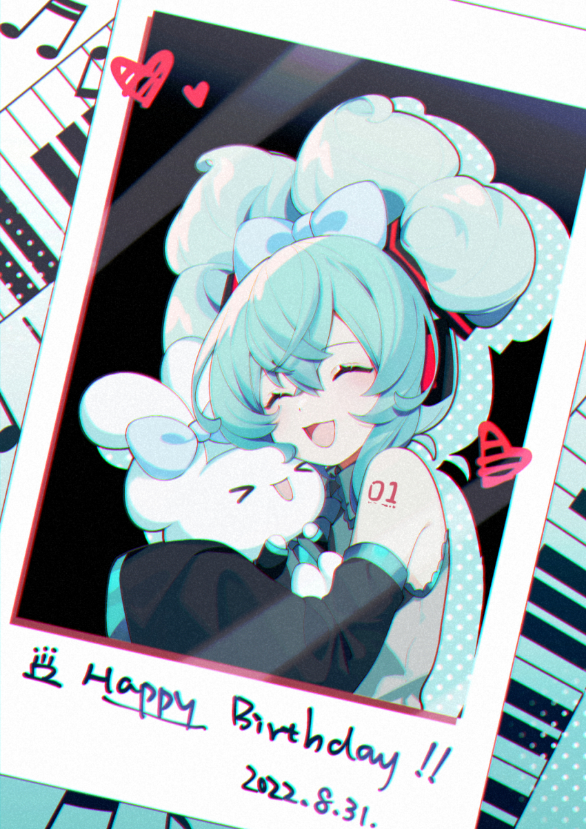 &gt;_&lt; 1girl :d ^_^ aqua_hair arm_tattoo black_sleeves blue_bow bow chinese_commentary chromatic_aberration cinnamiku cinnamoroll closed_eyes collared_shirt commentary_request dated detached_sleeves fuwa_fuwa_cinnamoroll grey_shirt hair_bow happy_birthday hatsune_miku heart highres hug long_sleeves musical_note number_tattoo open_mouth piano_keys polaroid_photo sanrio shirt sleeveless sleeveless_shirt smile tattoo tongue updo vocaloid yao_liuxin_dan