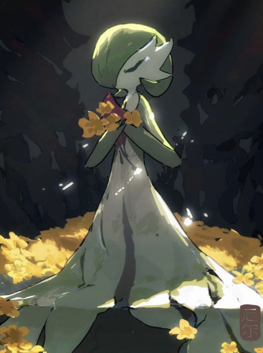 arc_draws bob_cut closed_eyes colored_skin creatures_(company) dress flower game_freak gardevoir gen_3_pokemon green_hair green_skin highres holding holding_flower multicolored_skin nintendo pokemon pokemon_(creature) two-tone_skin white_dress white_skin yellow_flower