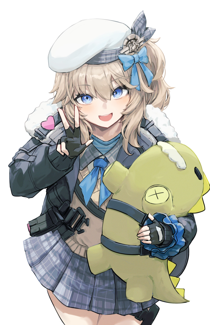 1girl absurdres ammunition_pouch bag_(chrko_bag) beret black_gloves black_jacket blue_bow blue_eyes blue_neckerchief blush bow commentary_request fingerless_gloves girls&#039;_frontline girls&#039;_frontline_2:_exilium gloves grey_hair grey_skirt hat highres holding holding_stuffed_toy jacket long_hair looking_at_viewer magazine_(weapon) mr._pizza_(girls&#039;_frontline_2) neckerchief open_clothes open_jacket open_mouth plaid_clothes plaid_skirt pouch side_ponytail simple_background skirt smile solo stuffed_dinosaur stuffed_toy teeth upper_teeth_only vepley_(girls&#039;_frontline_2) w white_background white_hat